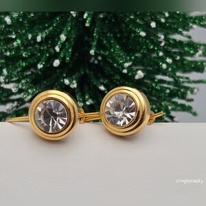 Gold-Tone Cubic Zirconia Leverback Earrings in Bezel Set NWOT